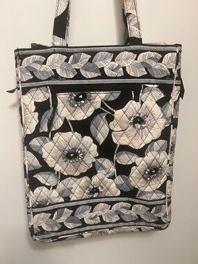Vera Bradley Black Floral Quilted Laptop Tote with Cream and Gray Blooms